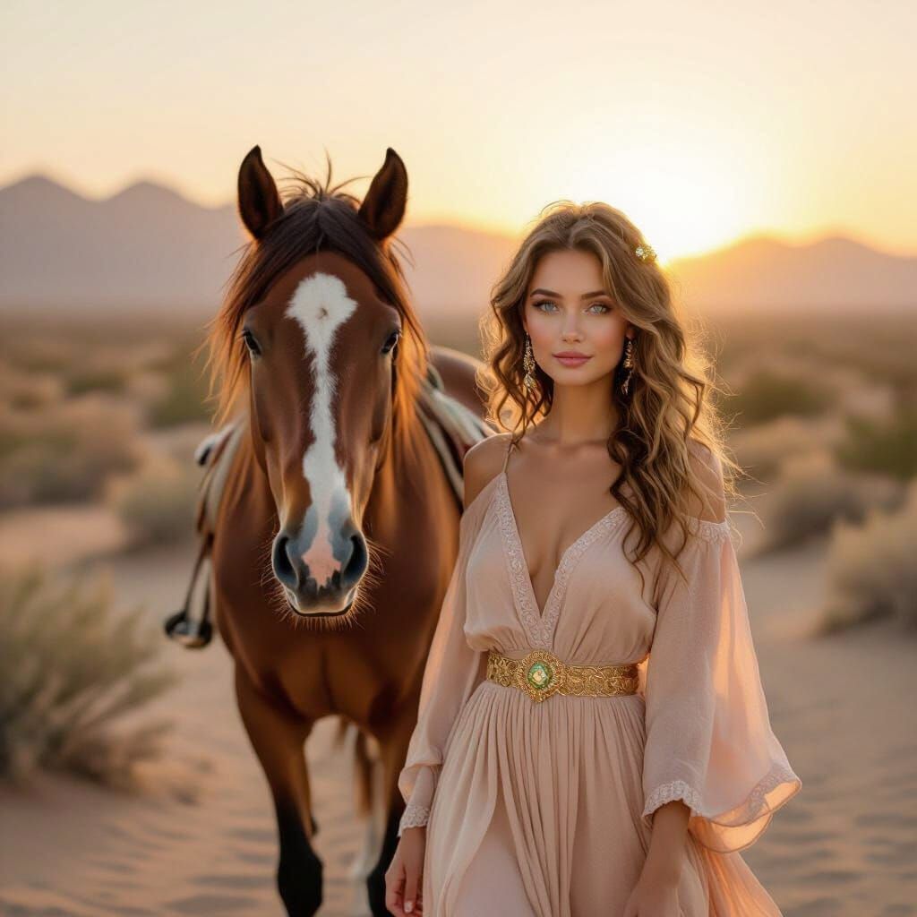 Woman and Horse in Desert Sunrise, Pastel AirTouch Hair