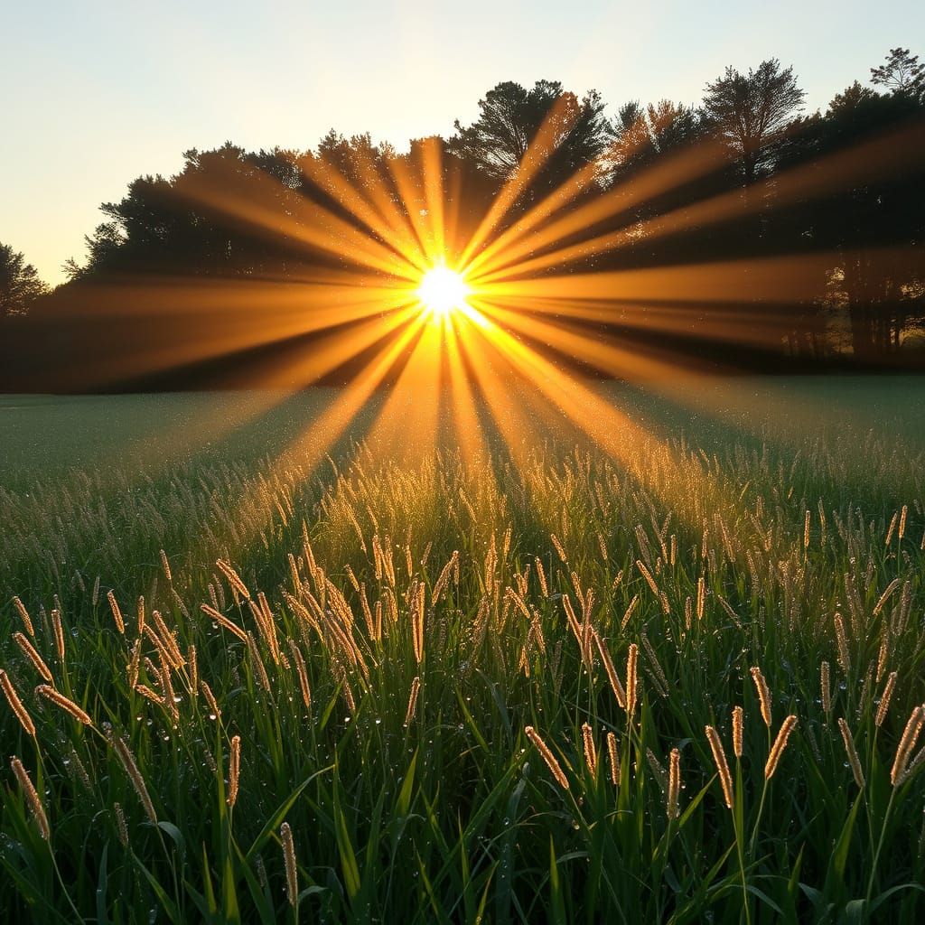 Crepuscular Rays Illuminate Dewy Meadow