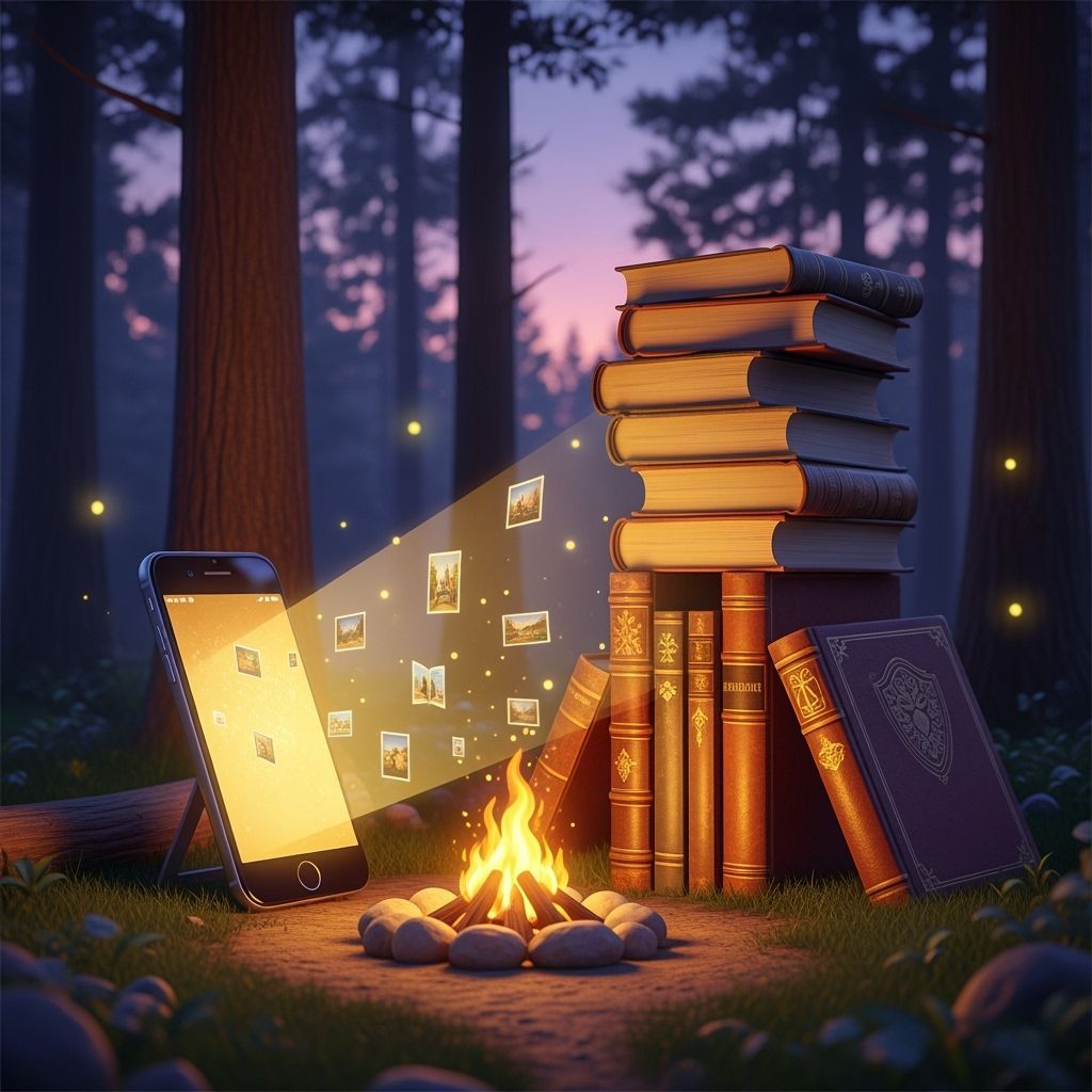 Glowing Phone & Books by Campfire in Magical Forest