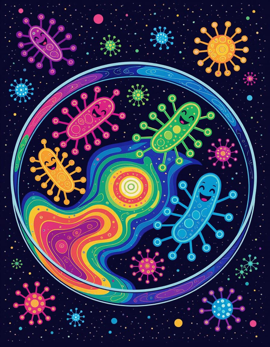 Cosmic Ballet of Dancing Microbes in Neon Colors