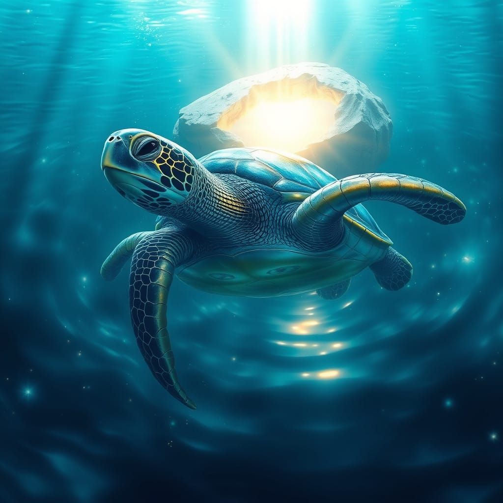Majestic Blue and Gold Sea Turtle in a Magical Oceanic Scene