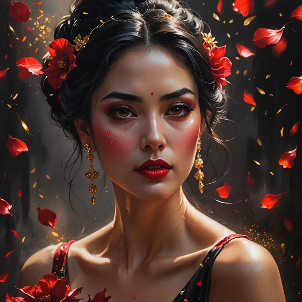 Portrait of a Woman with Red Flowers, Oil Painting