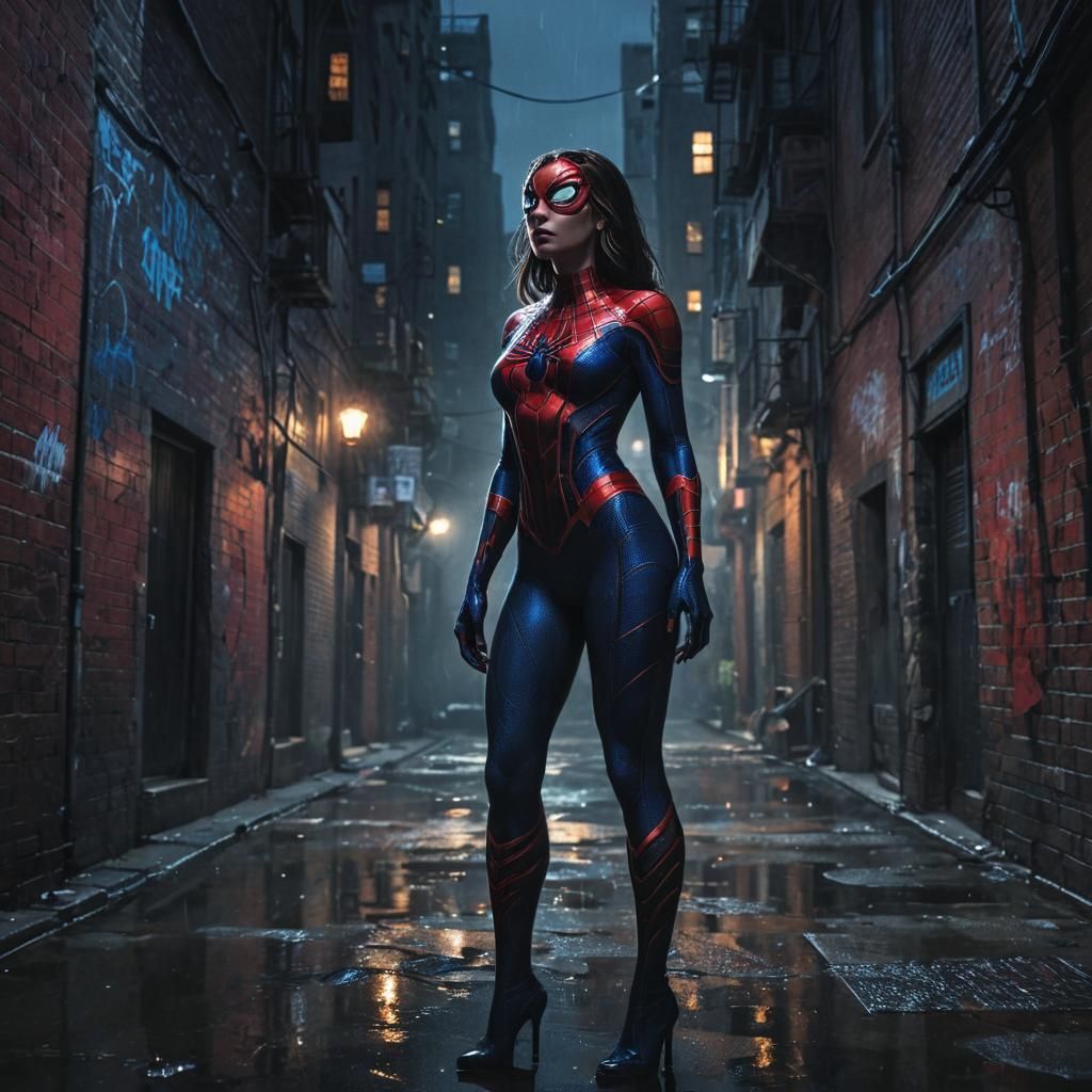 Spider Woman in Dark Alley, Comic Book Art