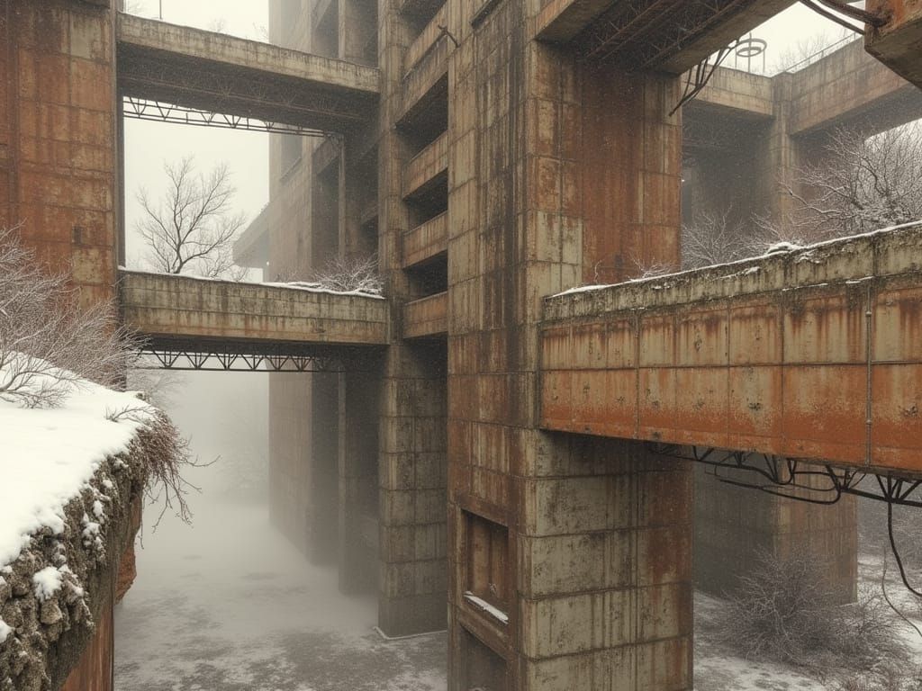 Monolithic Brutalist Dam in Winter Fog