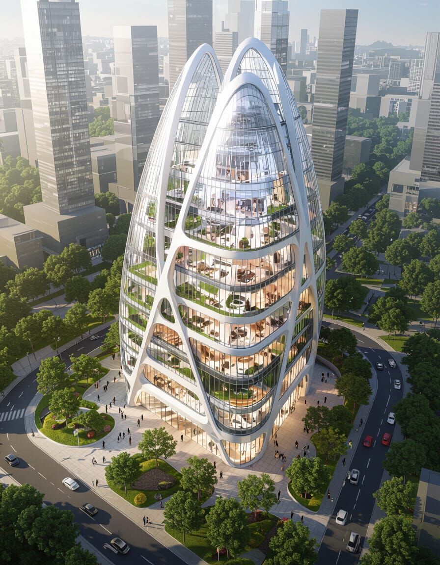 Futuristic Petal Skyscraper with Glass Walls and Gardens