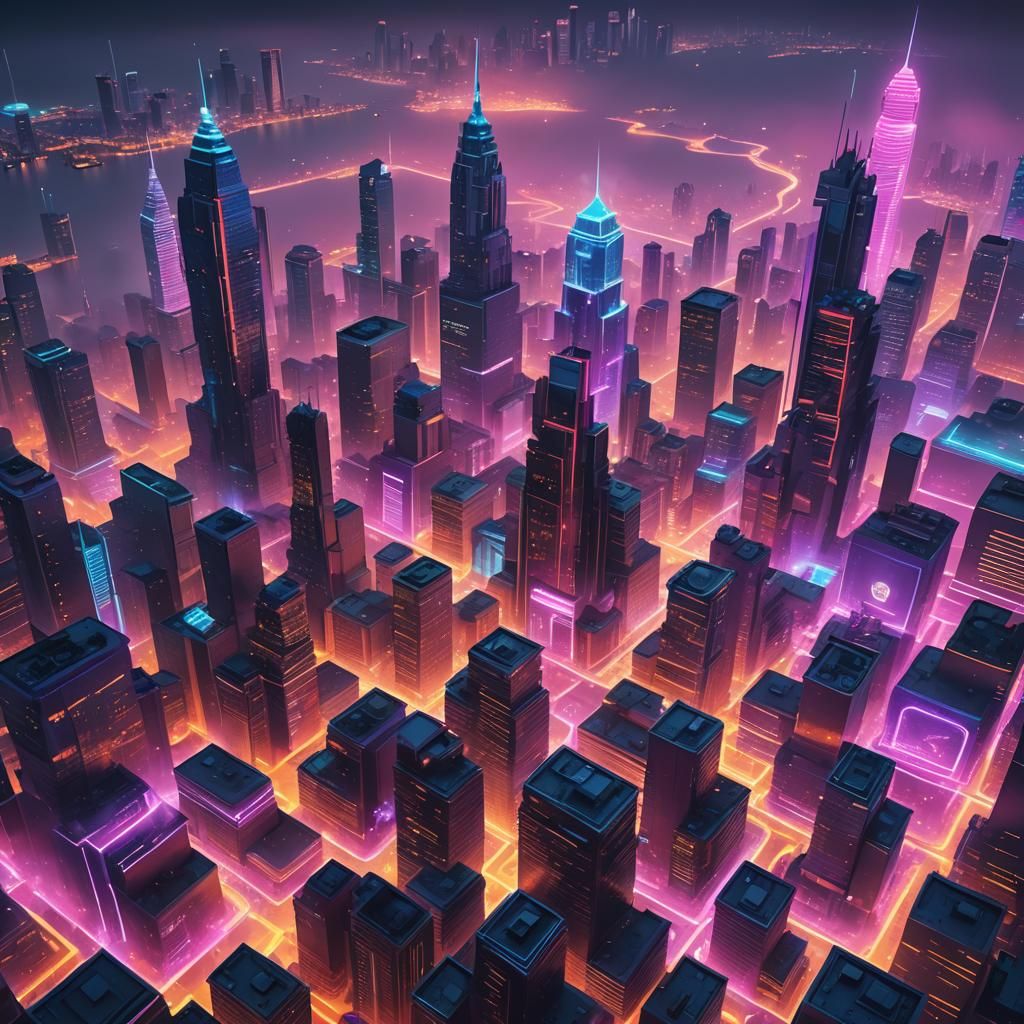 Psychedelic Futuristic Cityscape in Dreamlike Haze