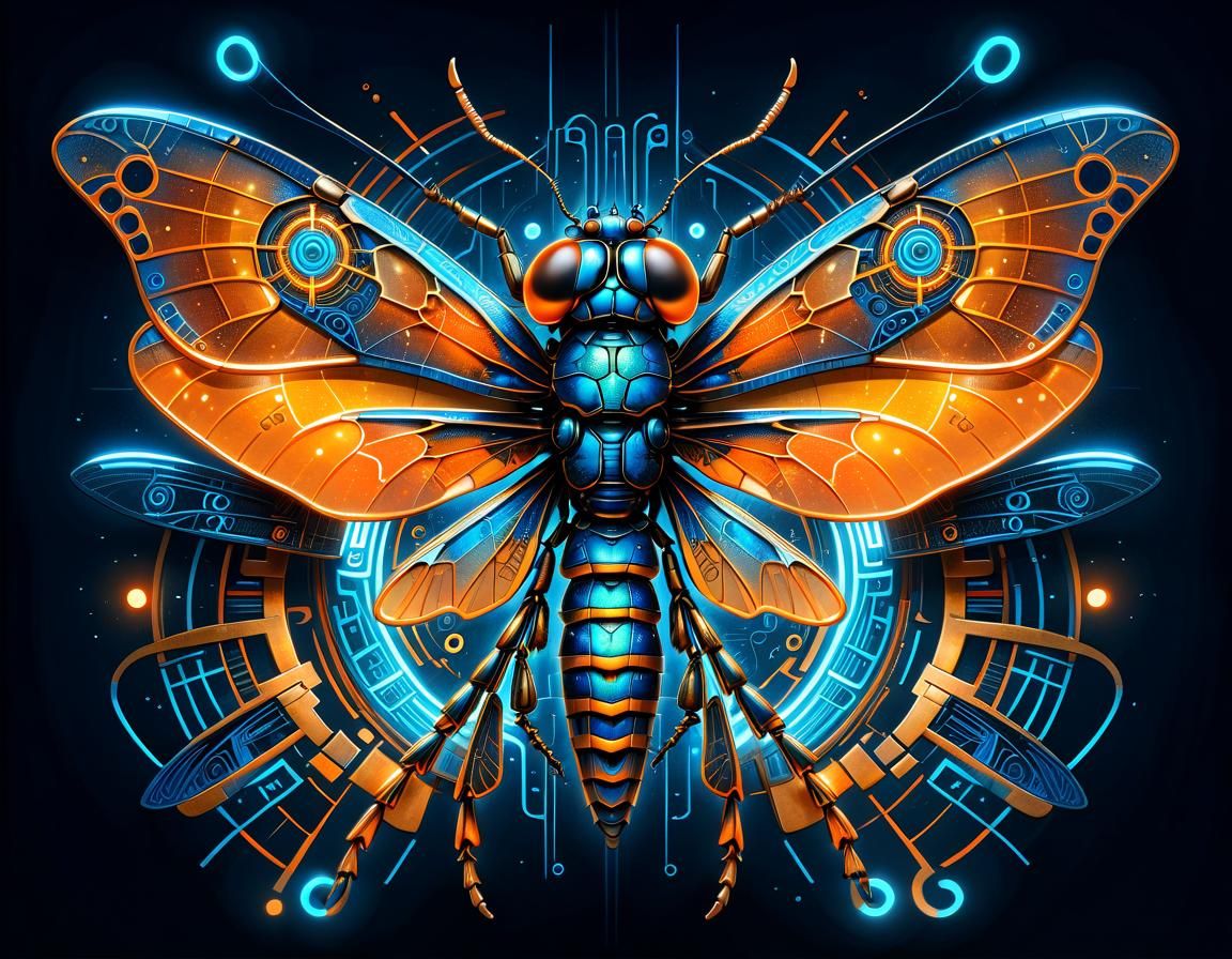 Cyberpunk Bioluminescent Dragonfly Portrait with Celtic Rune...