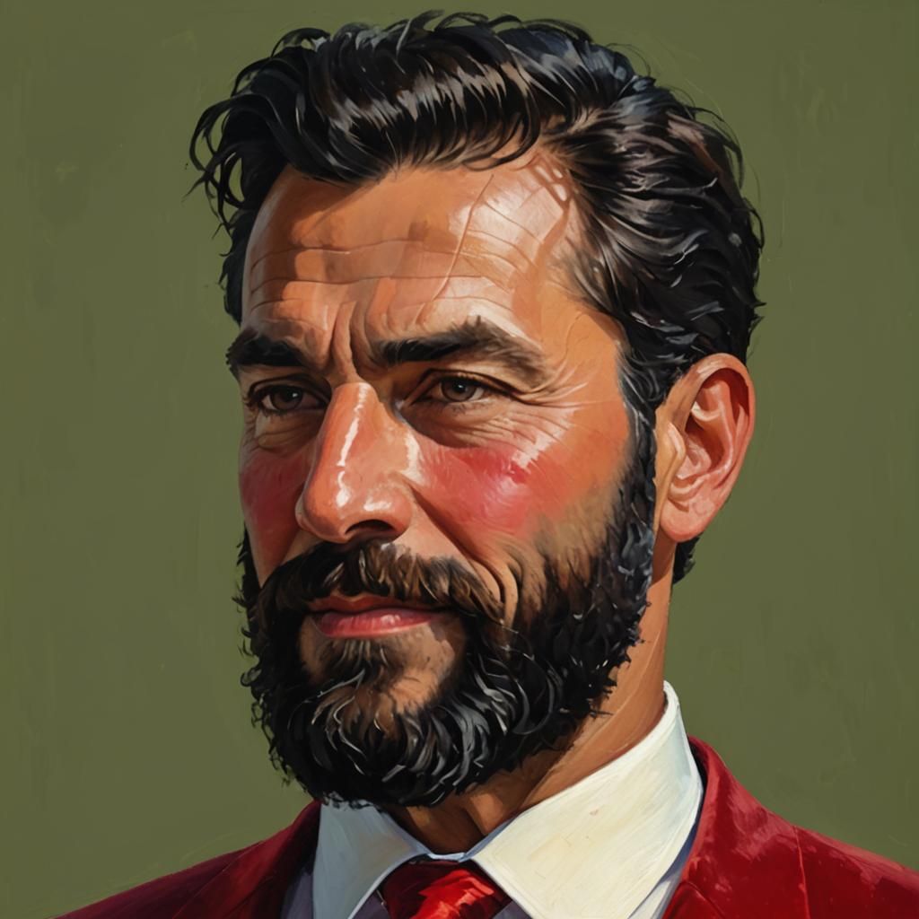 Bearded Man in Red Velvet Suit, Expressionist Style