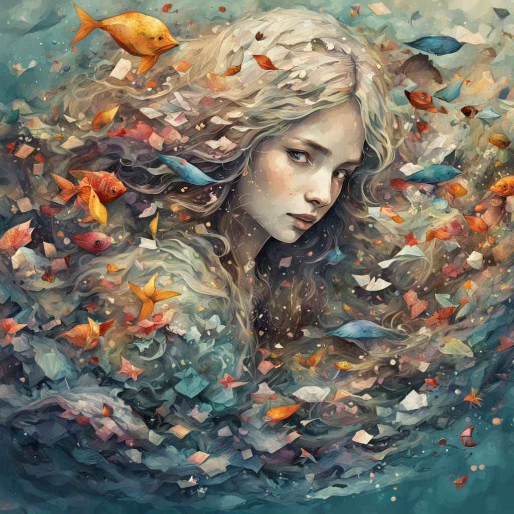 Vibrant Paper Mermaid on Ocean Shore