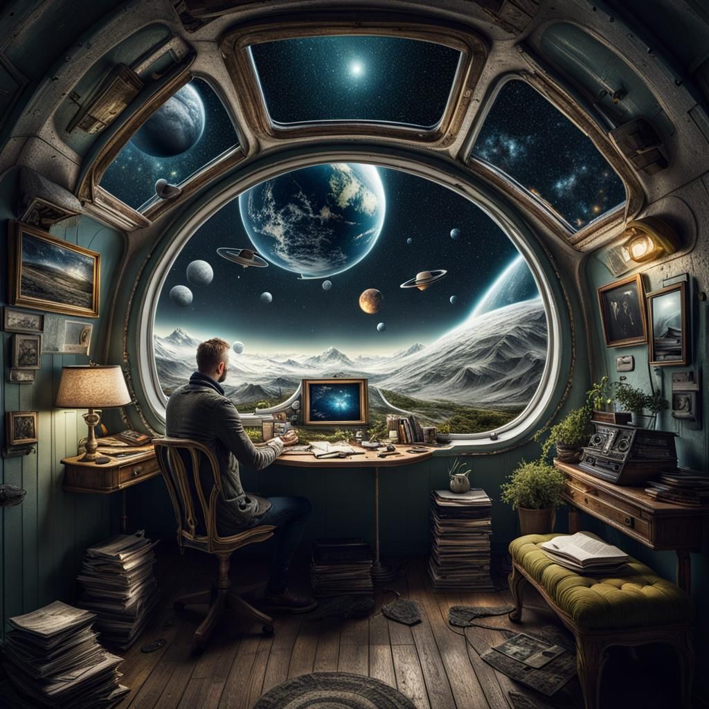 Cozy Hipster Spaceship Interior with Alien View