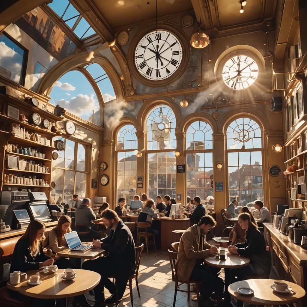 Surrealist Coffee Shop Scene in Dreamlike Setting