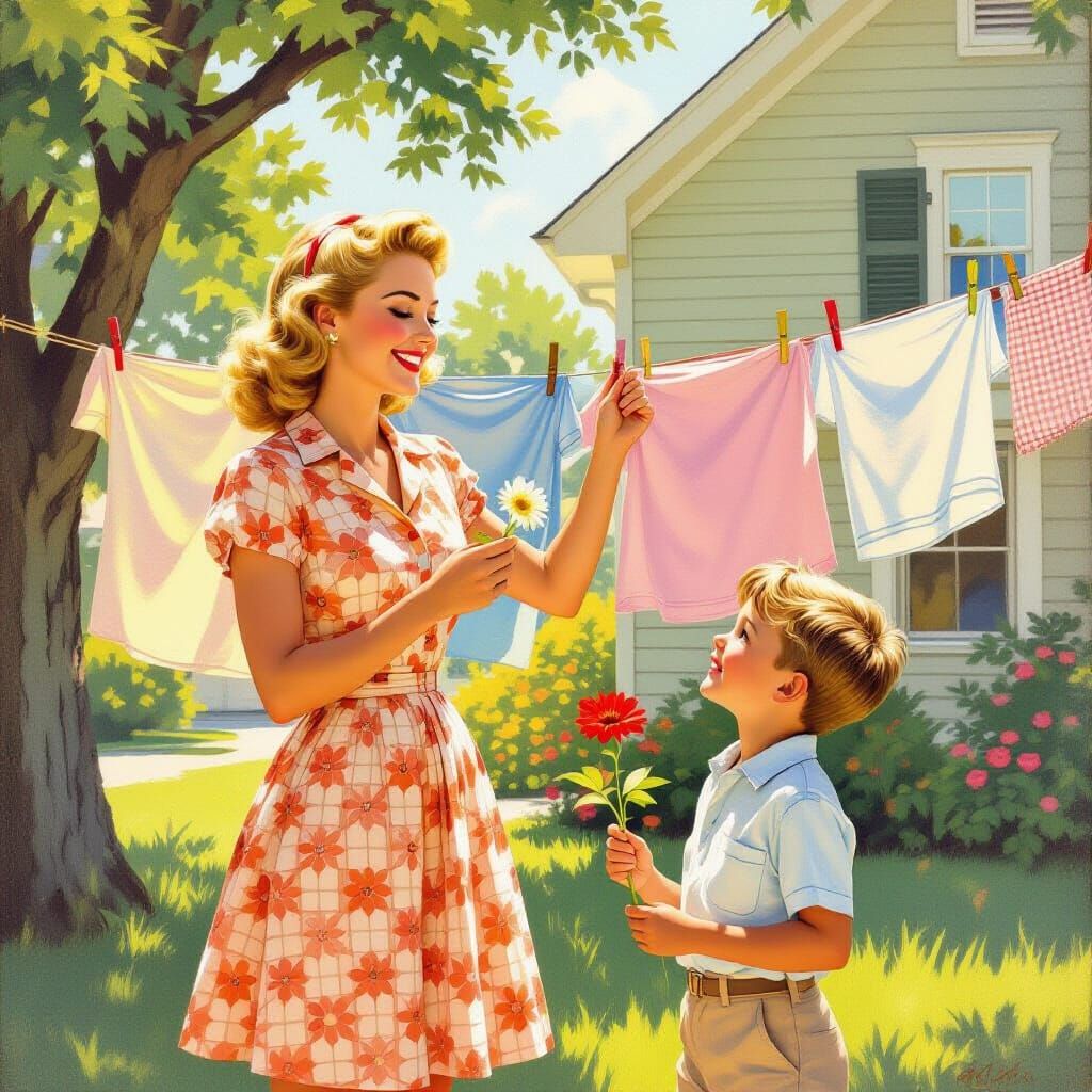 Heartwarming 1950s Summer Scene: Mother and Son with Flower