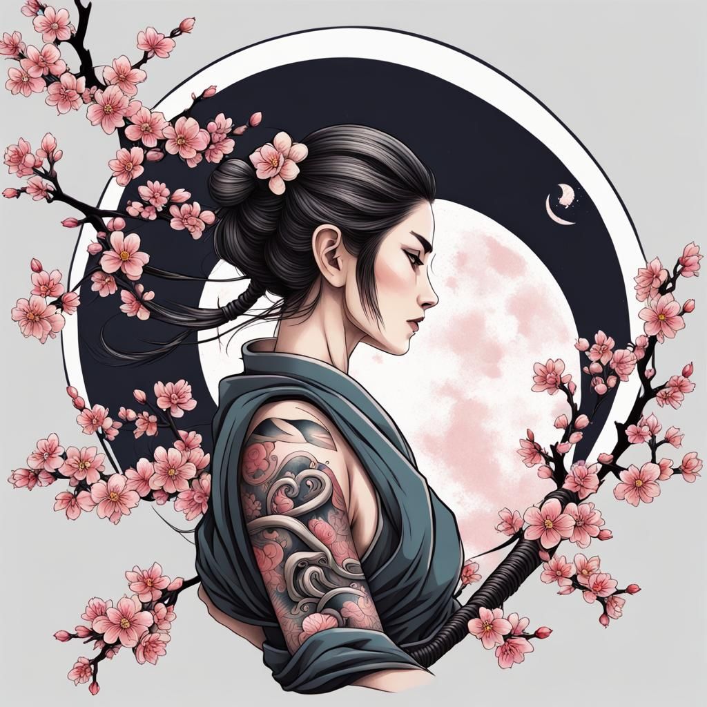 Ninja Princess Tattoo Art Under Cherry Blossom Moon