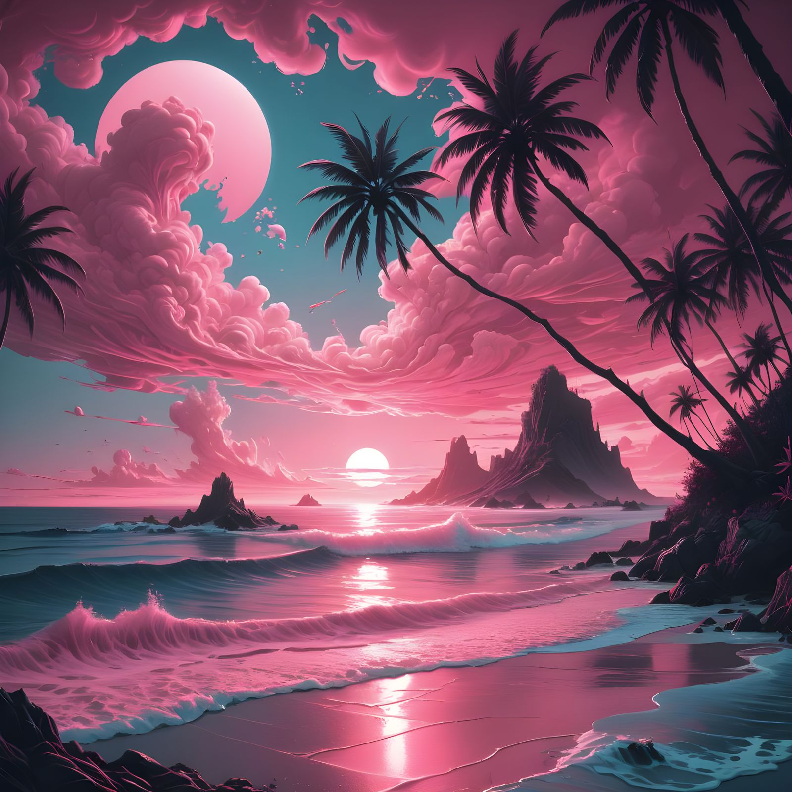Monochrome Pink Sketch of Tropical Sunset