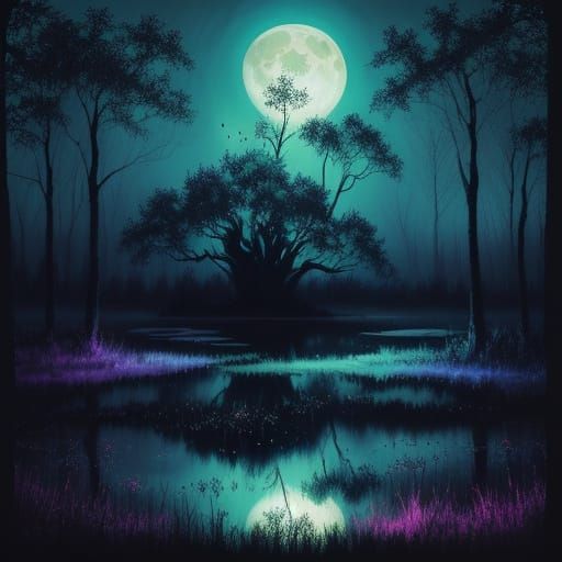 Fireflies Illuminate Eerie Swamp Landscape in Moonlight