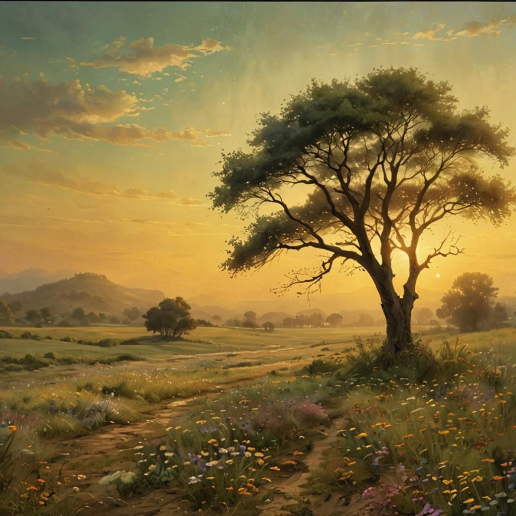 Ethereal Watercolor Landscape with Wildflowers