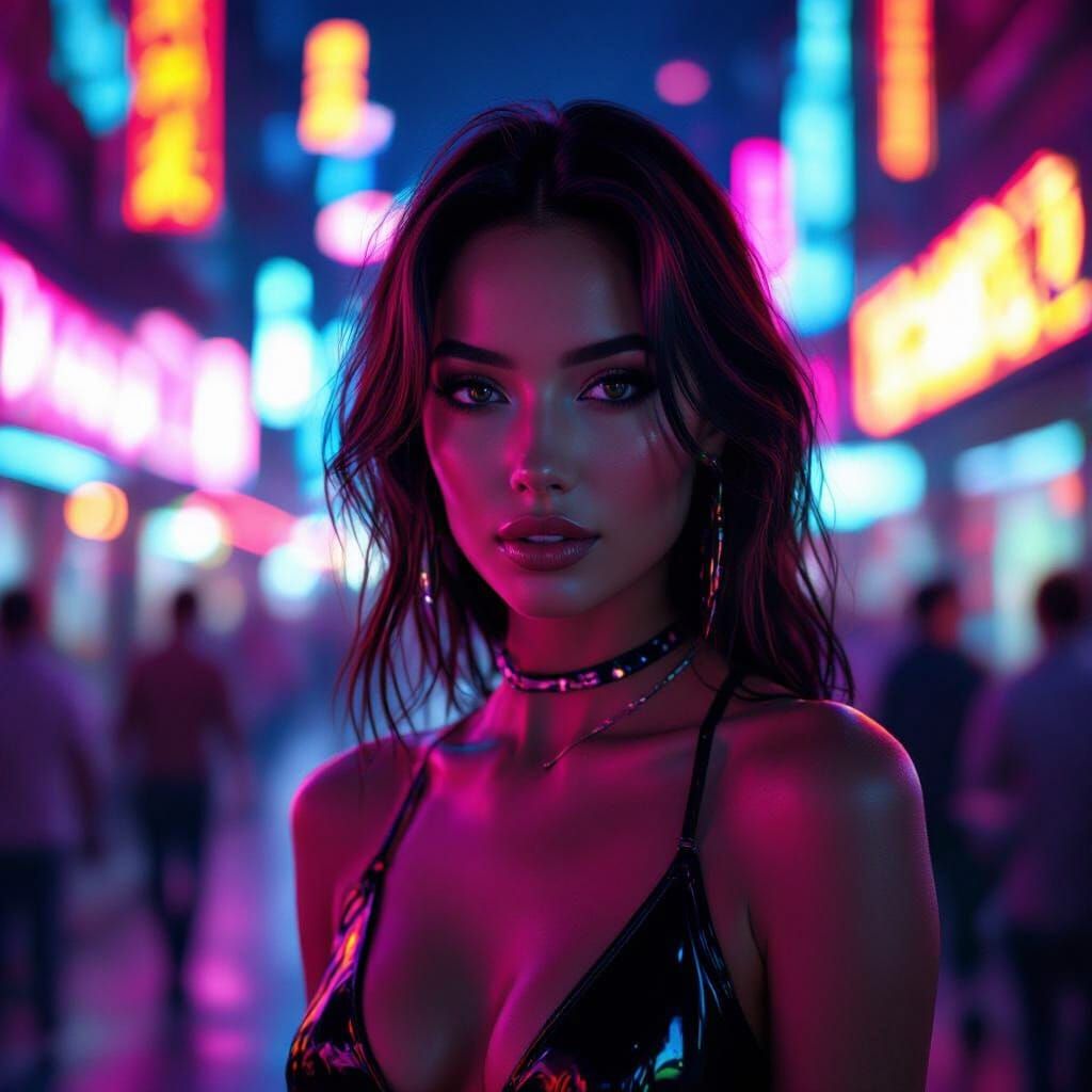 Woman in Neon Nightlife Setting in Futuristic Style