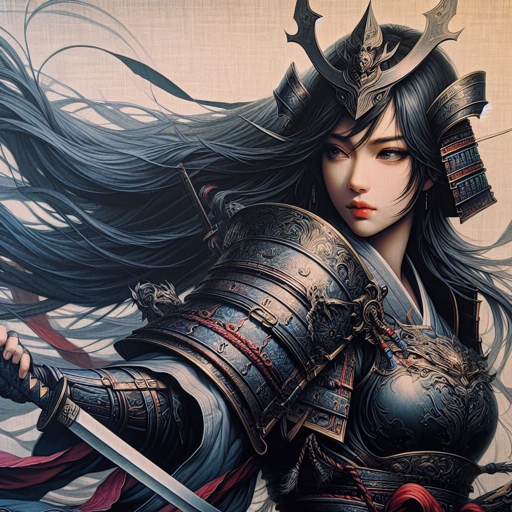 Armored Samurai Woman with Sword in Matte Style