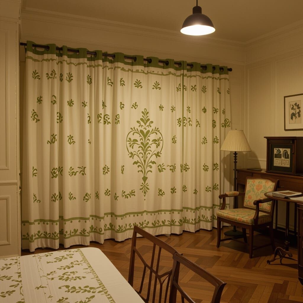 Green Curtains with Central White Panel, Delicate Motifs