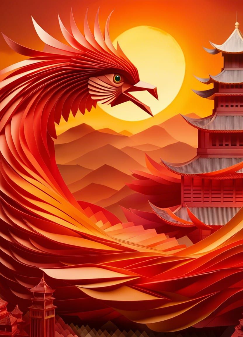 Giant Origami Phoenix Over Castle at Sunset