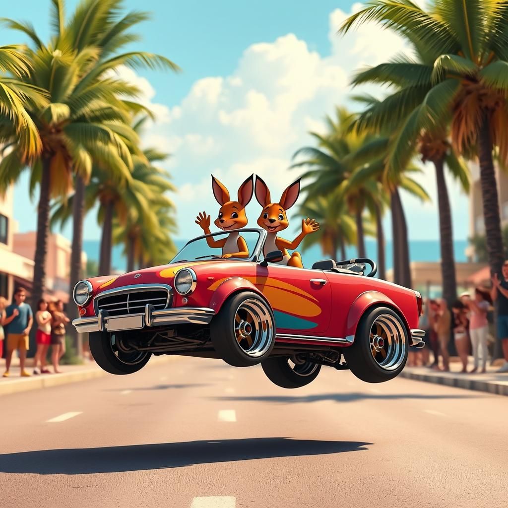 Cartoon Kangaroos in a Jumping Low Rider Car