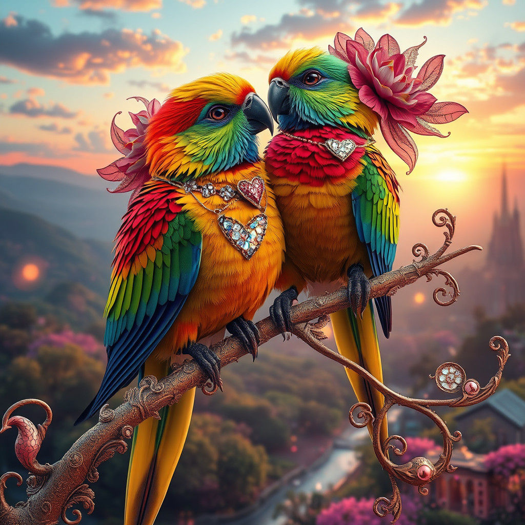 Exotic Love Birds in Dreamlike Landscape