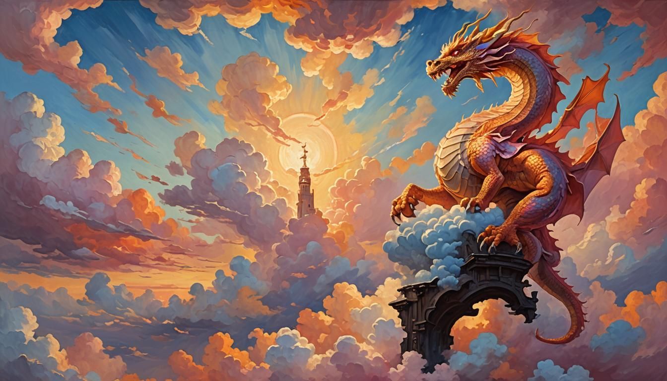 Cloud Sculptor Creates Dragon, Neo-Impressionist Oil Paintin...