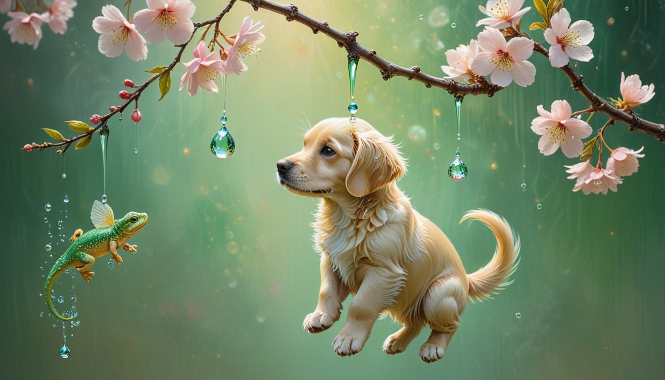 Surreal Water Droplet with Lizard and Puppy
