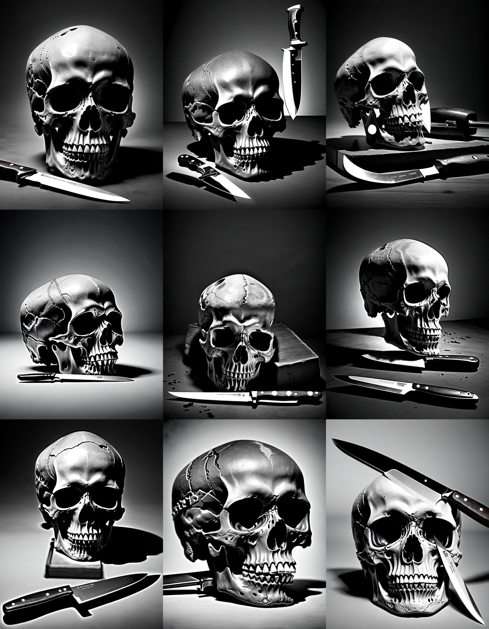 Monochrome Human Skull with Knife Still Life