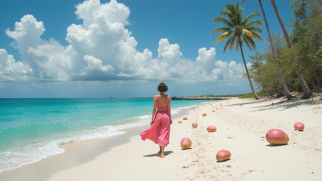 Pink Beach with Woman in Gauguin and Matisse Style