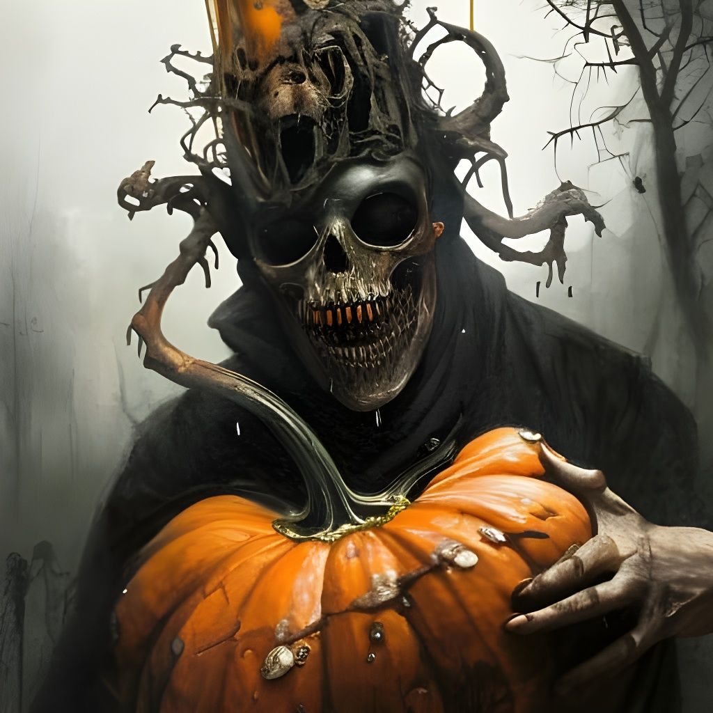 Scary Pumpkin Head Mask in Graveyard Oil Painting