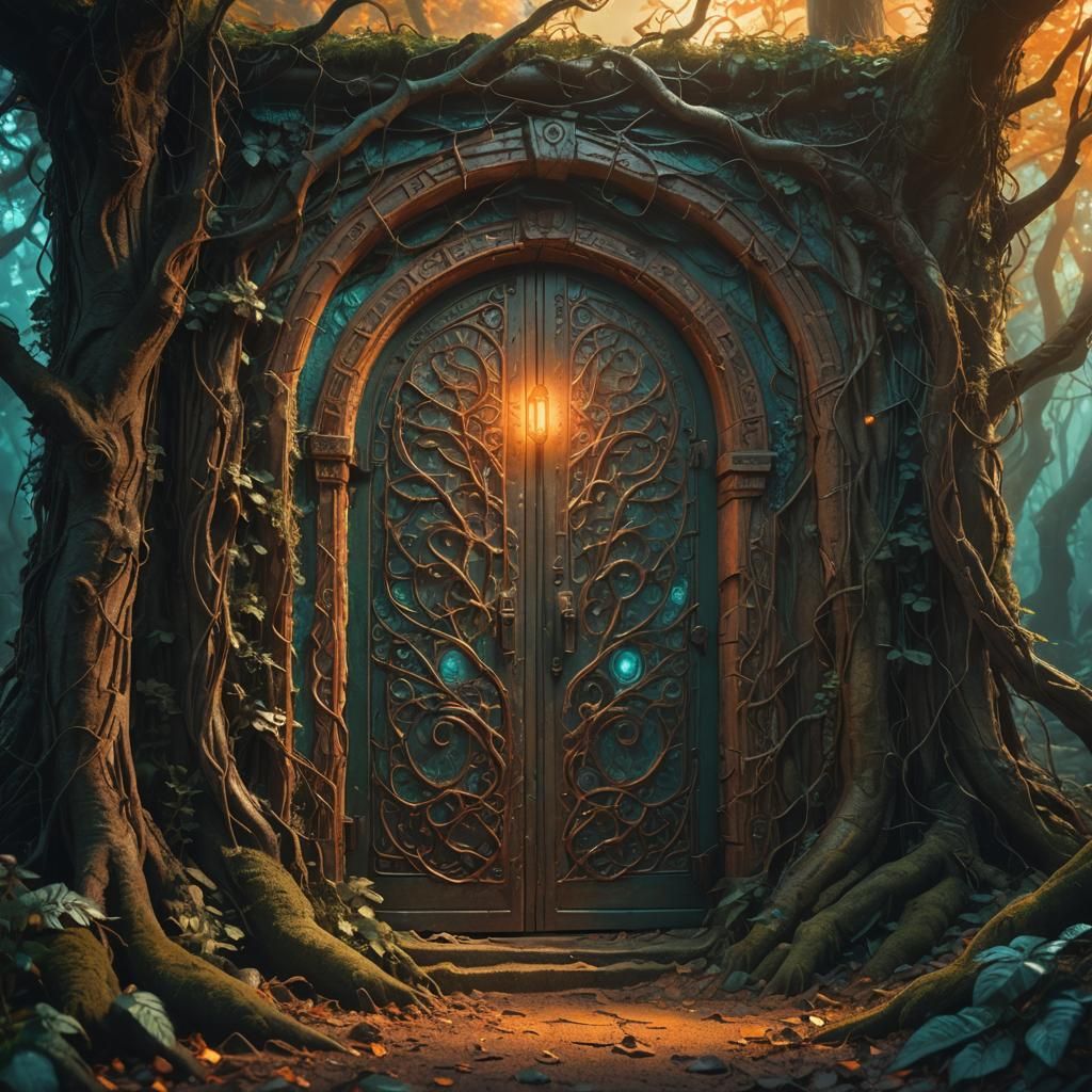 Mystical Forest: Glowing Door to Another World