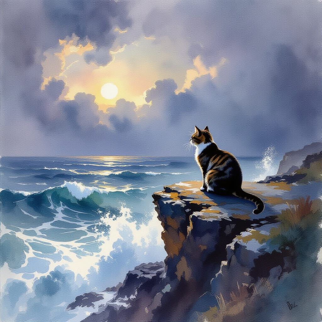 Cat on Cliff Overlooking Stormy Sea in Watercolor Style
