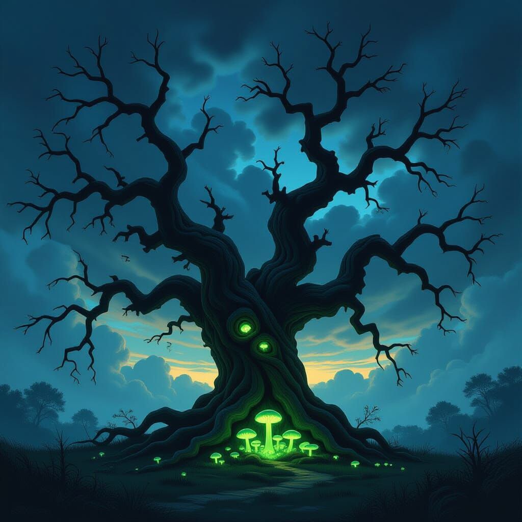 Ancient Rotten Tree Against Stormy Twilight Sky