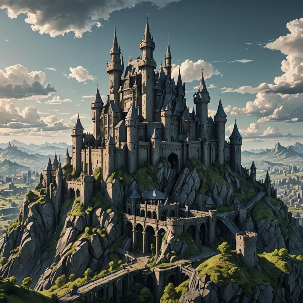Dystopian Castle on Hill: Detailed 3D Anime Art