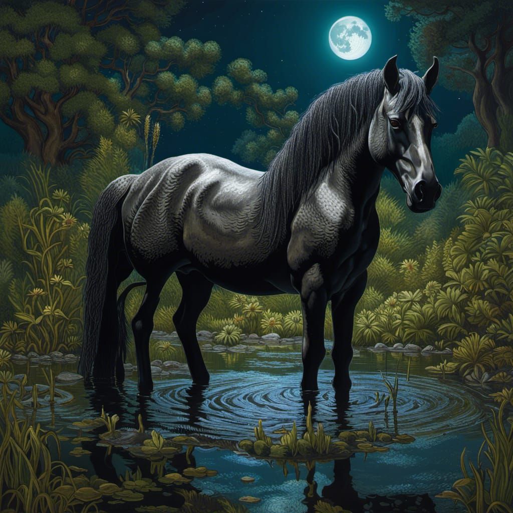 Demonic Kelpie in Overgrown Moonlit Pond