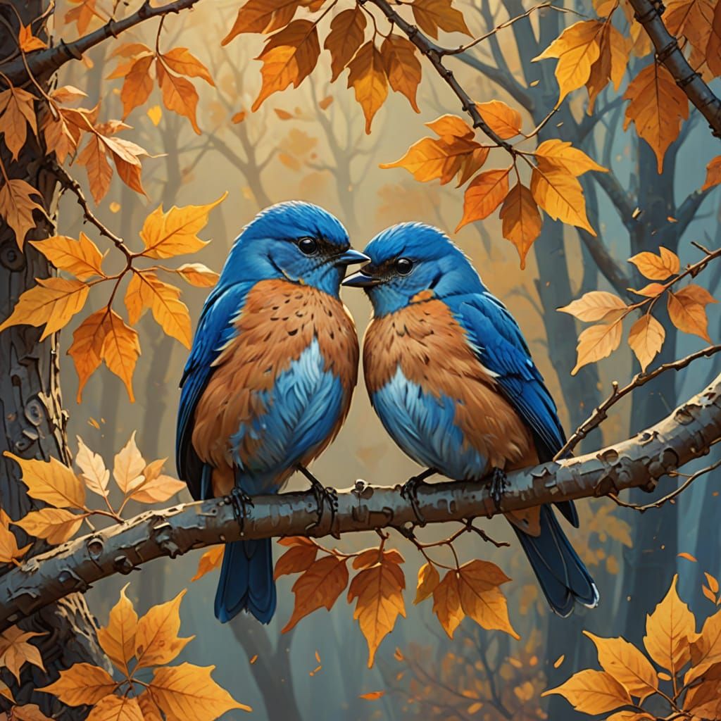 Bluebirds Kissing on Autumn Branch, Watercolor Style