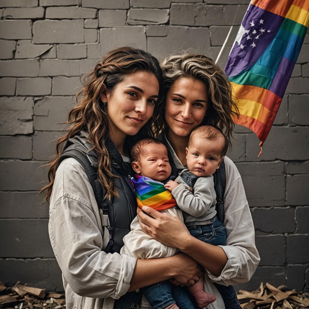 Lesbian Couple with Newborns and Pride Flag