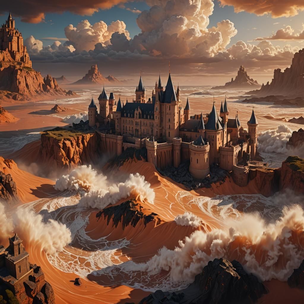 Fantastical Sandcastle with Orange Sun, Matte Painting