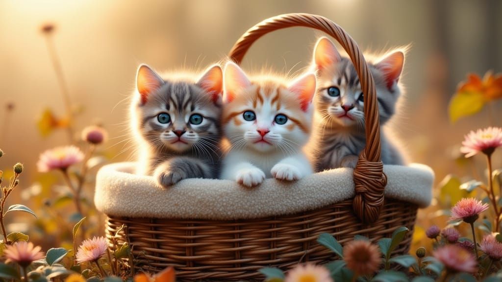 Cute Vintage Kitten Scene in a Basket