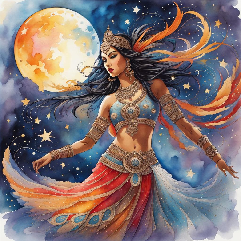 Dancing Indian Warrior in Moonlight: Watercolor Art