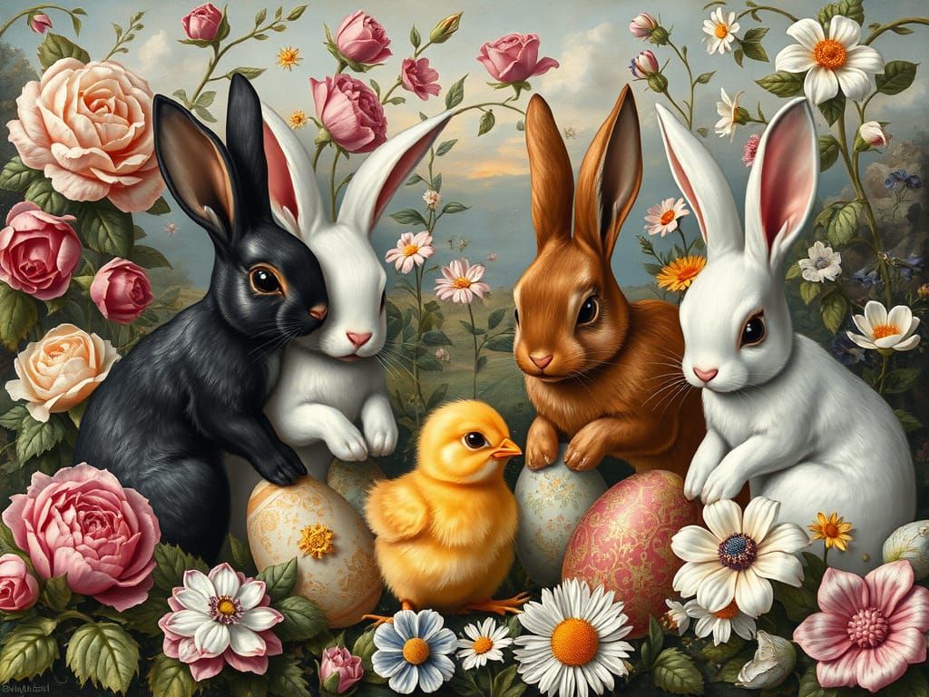 Easter Bunnies Painting Eggs in Renaissance Landscape