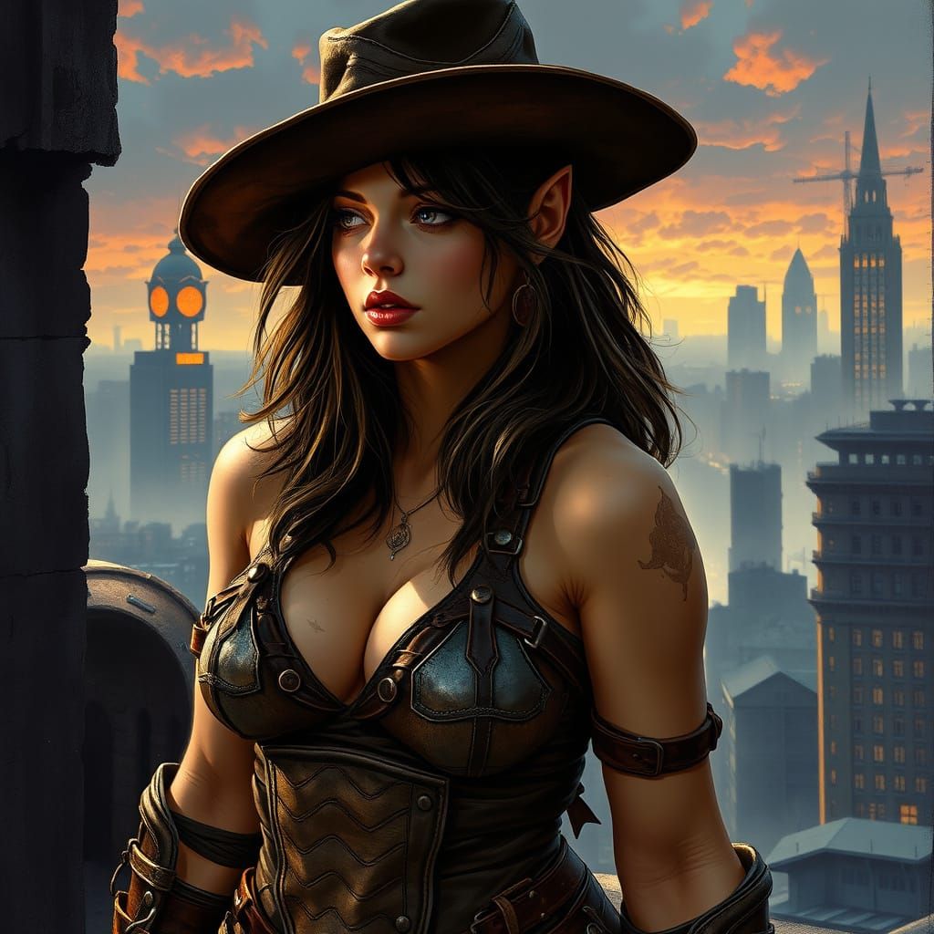 Heroic Fantasy Woman Gazing Over Cityscape