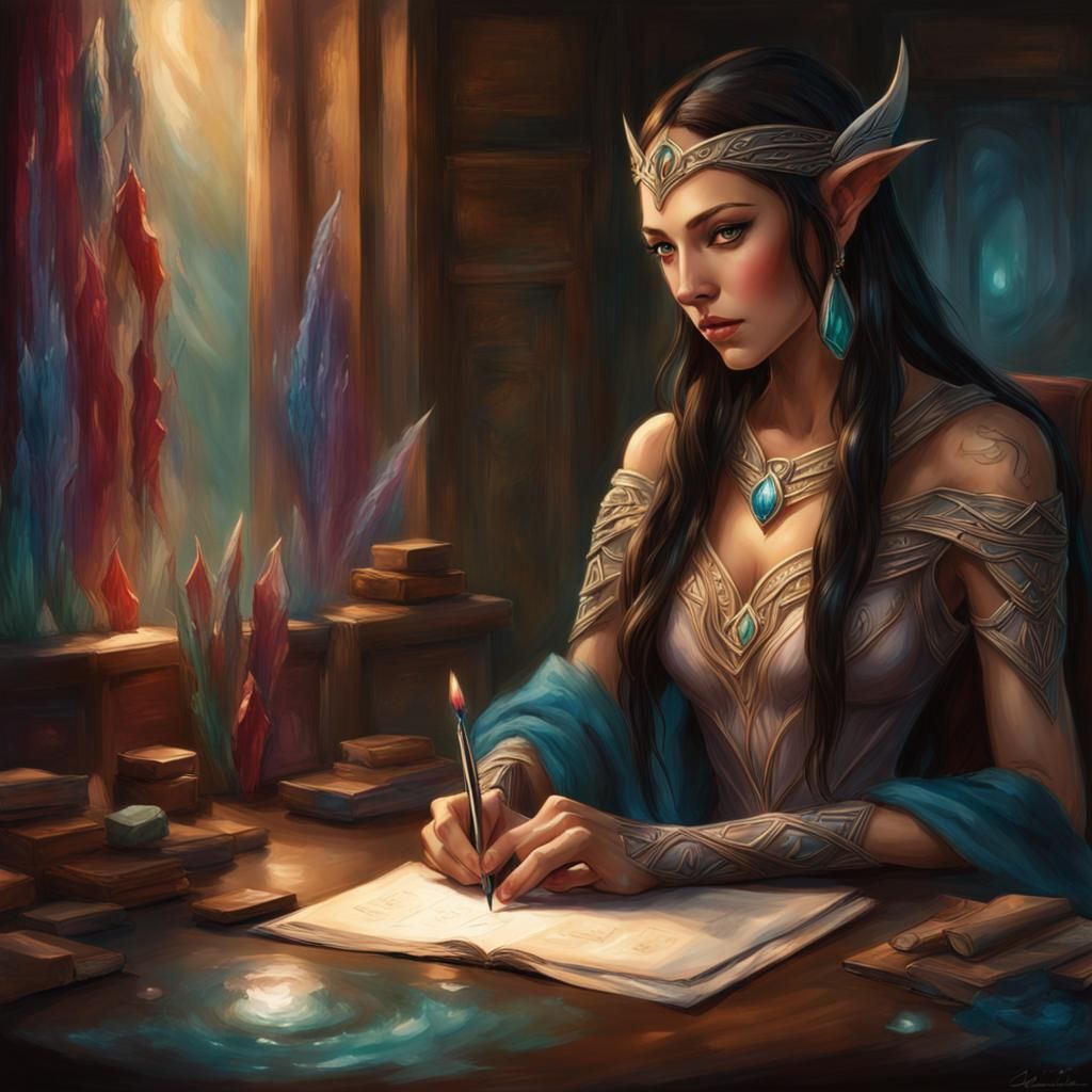Craft a captivating scene of an elven figure female, with Na...