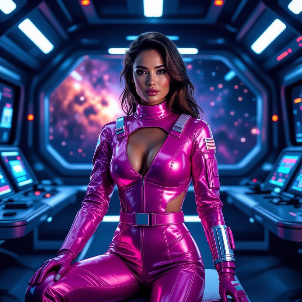 Neon Astronaut in Futuristic Spacecraft Interior