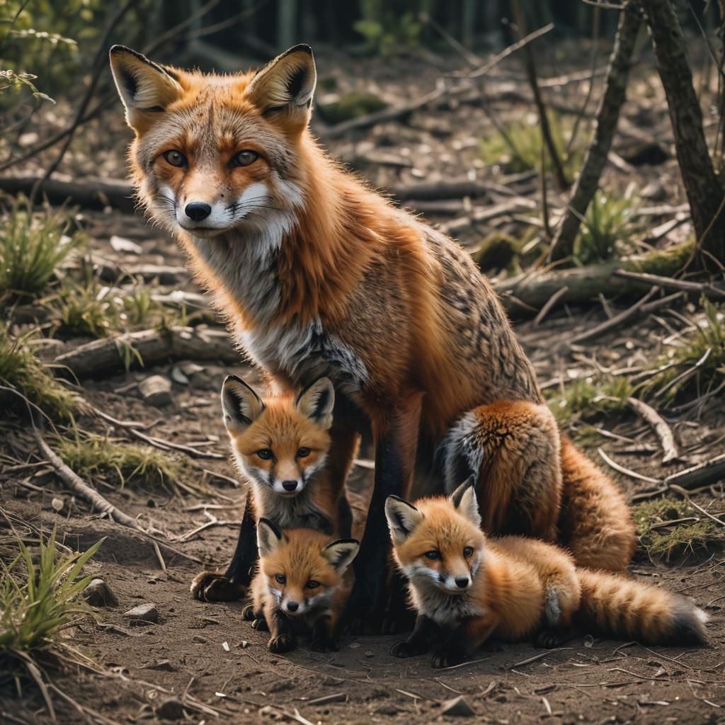 Mother Fox and Cubs: Cinematic Film Still