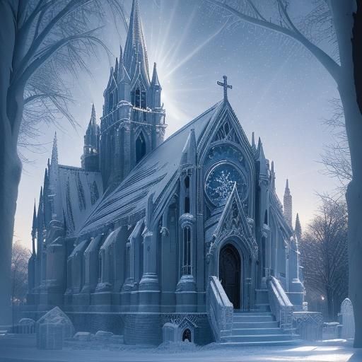 Gothic Church Ice Sculpture in Winter Sunlight