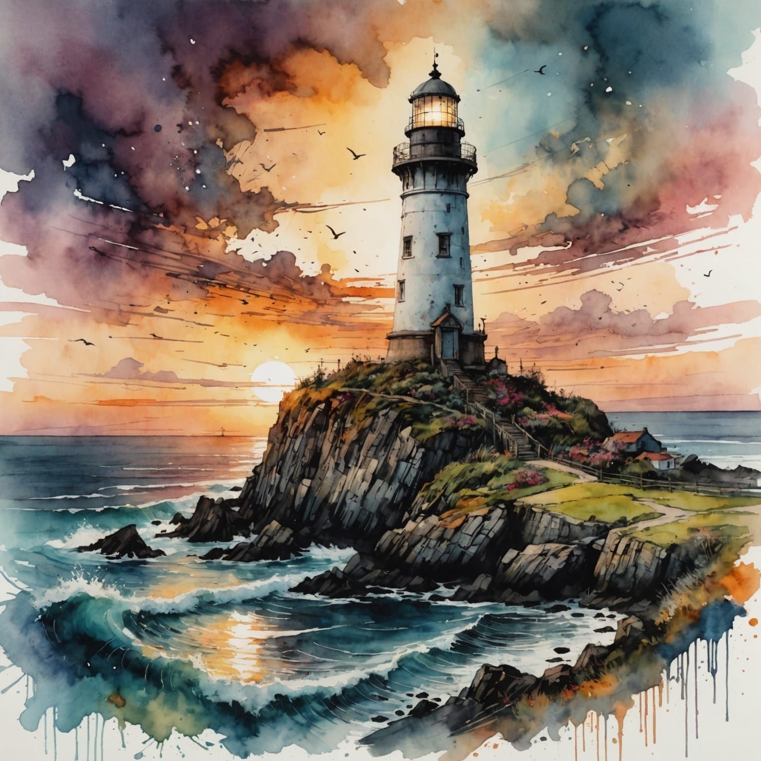 Epic Lighthouse Sunset in Watercolor Art