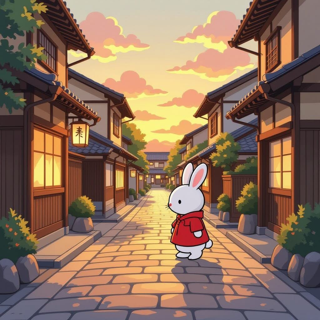 Miffy Exploring Japanese Streets in Golden Hour Light