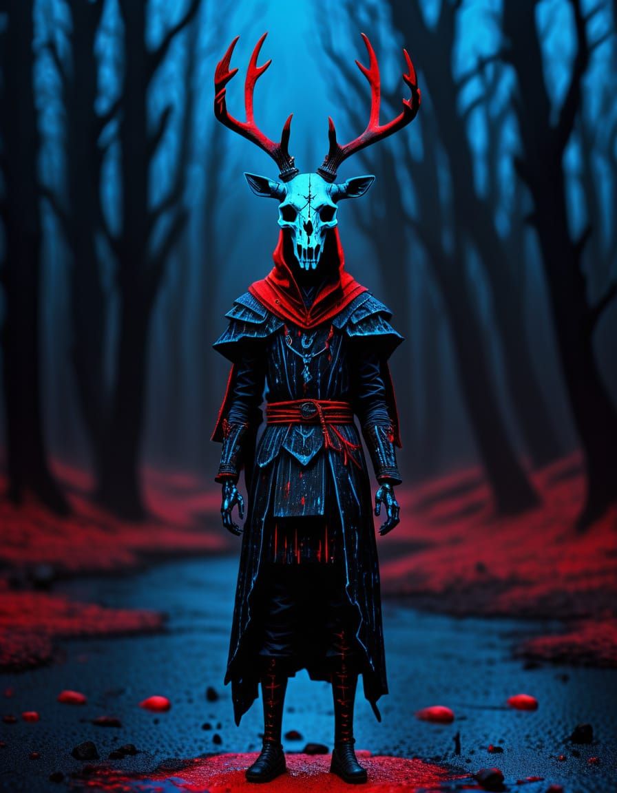 Sinister Deer Skull Figure in Glitchcore Horror Style